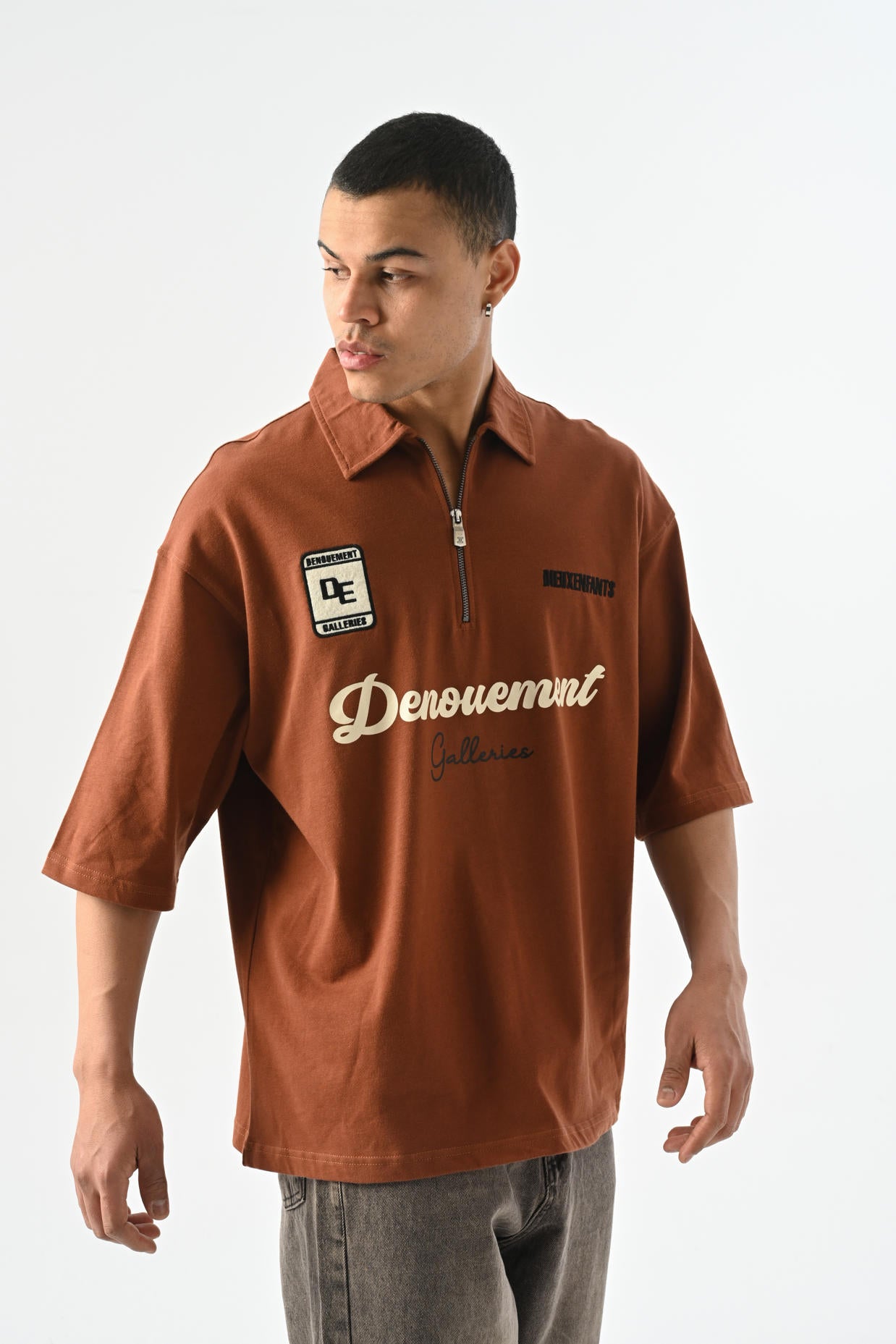 Denouement Yarım Fermuarlı Polo Yaka T-shirt - Kahverengi