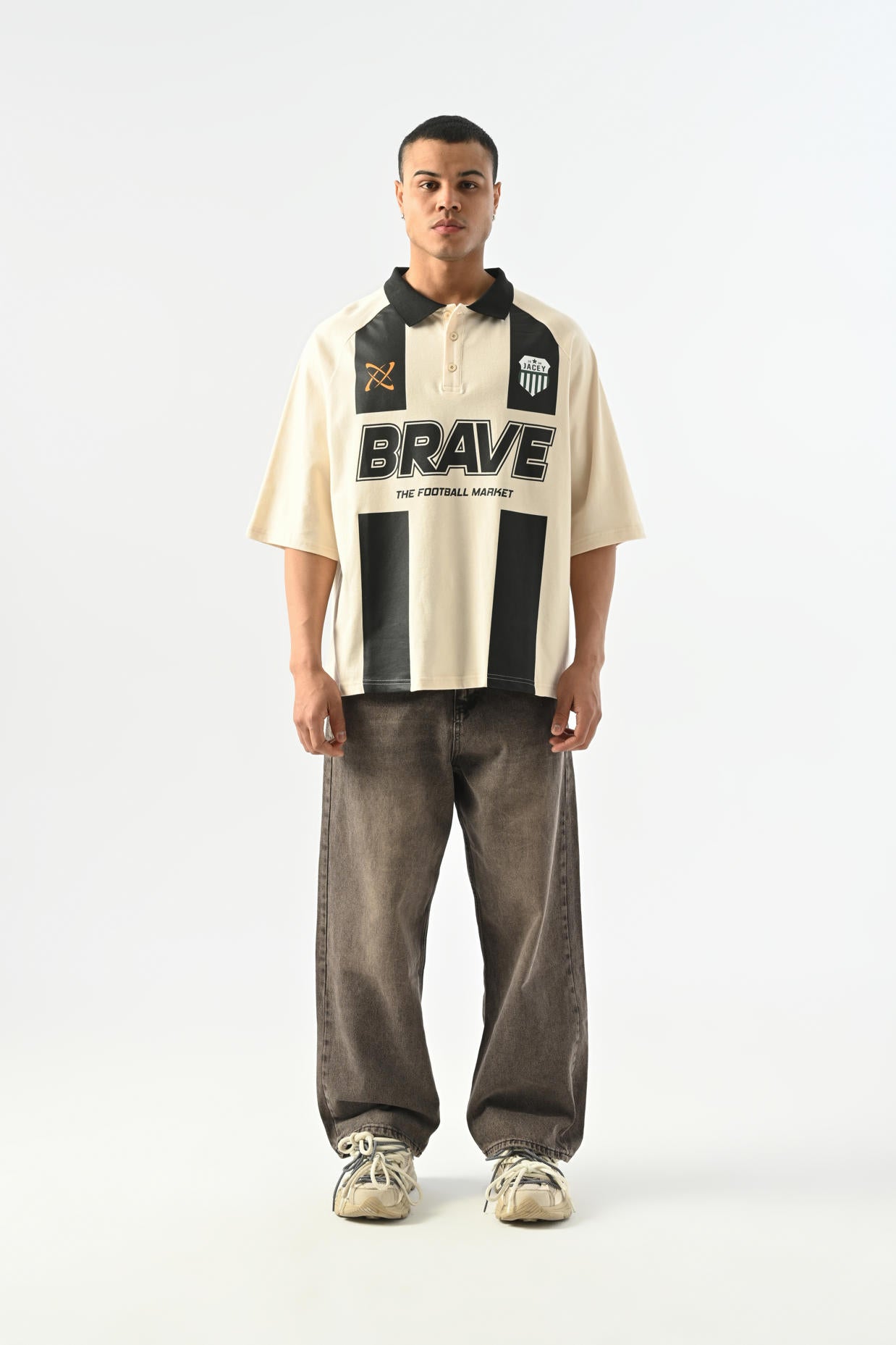 Brave Çubuklu Polo Yaka T-shirt - Kemik