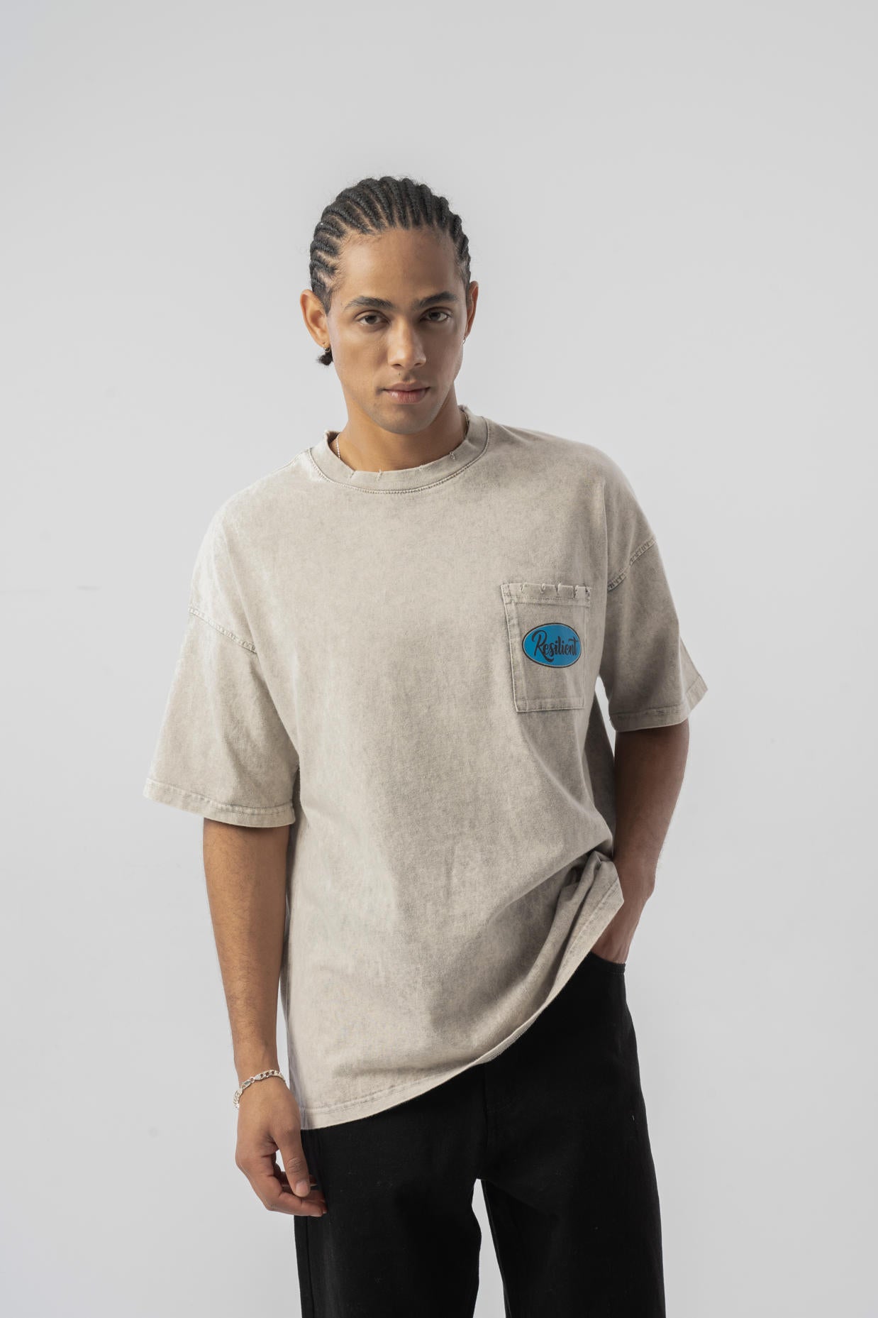 Cep Detaylı Yıkamalı Oversize T-shirt - Bej
