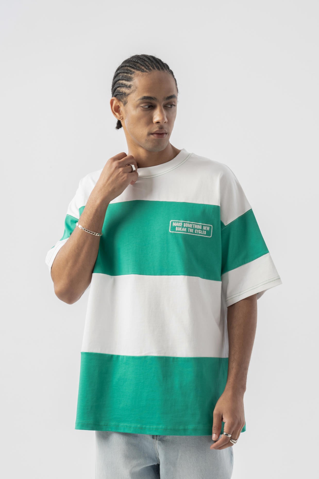 Çizgili Oversize T-shirt - Yeşil