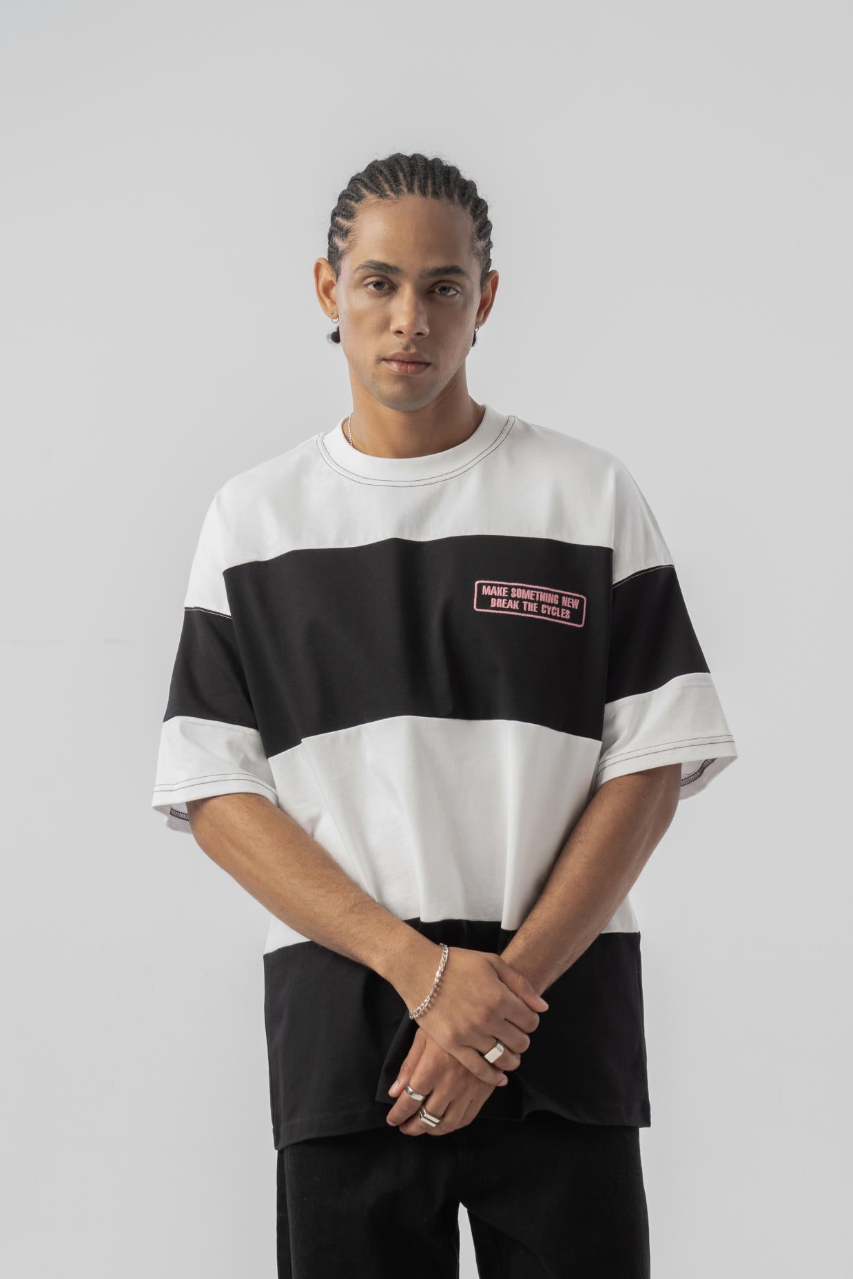 Çizgili Oversize T-shirt - Siyah