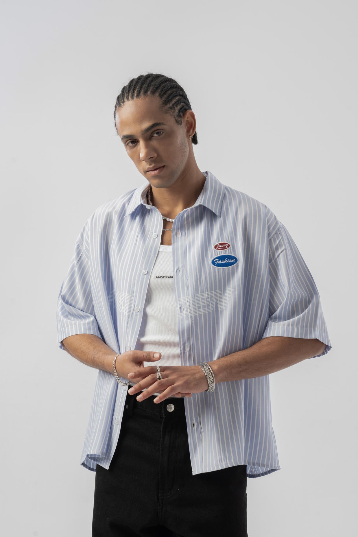 Patch Detaylı Oversize Gömlek - Bebe Mavisi