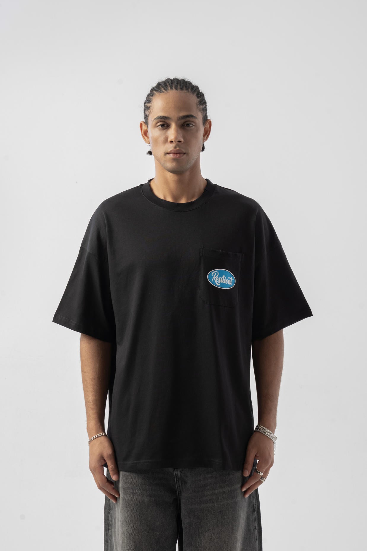 Cep Detaylı Yıkamalı Oversize T-shirt - Siyah