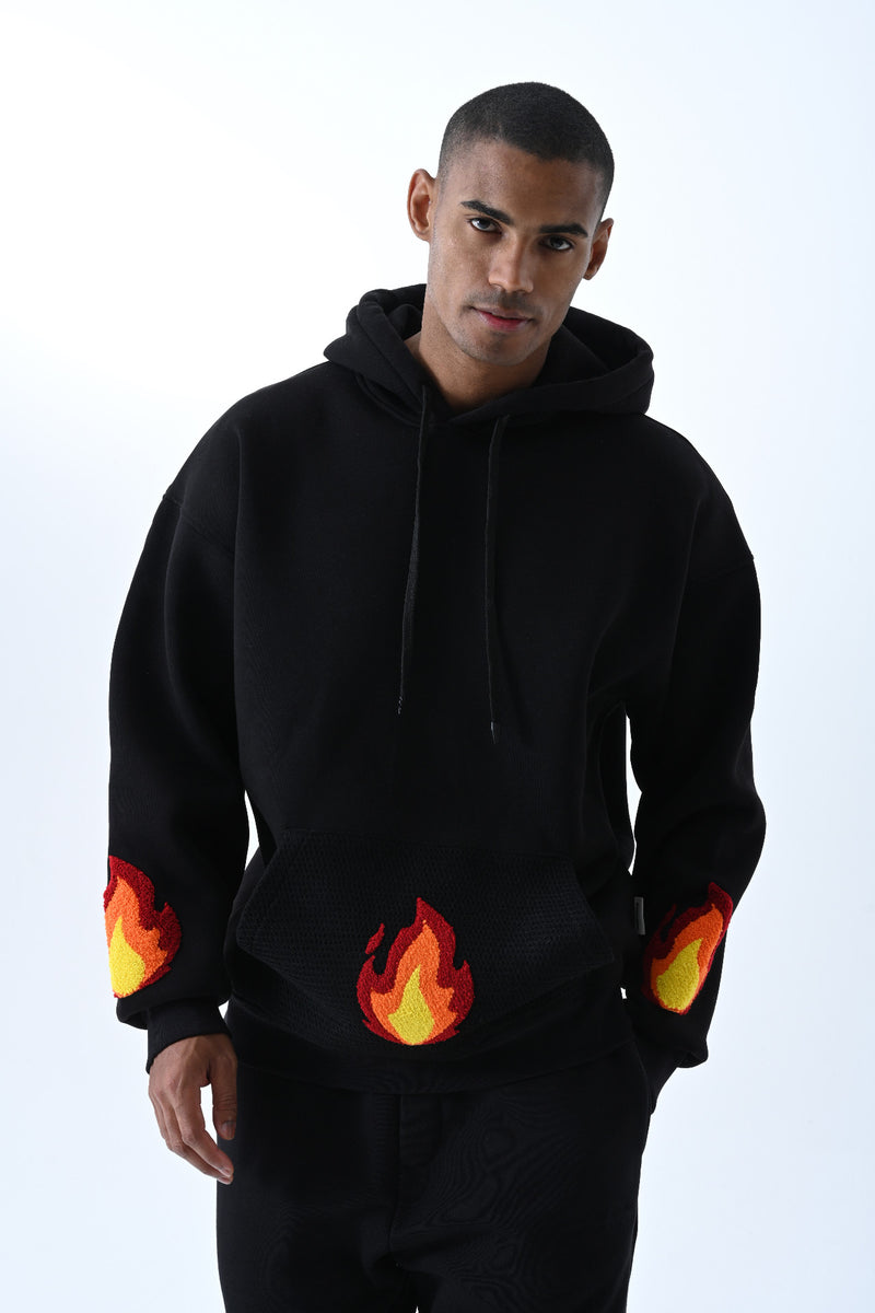 Alev Nakışlı Kapüşonlu Oversize Sweatshirt
