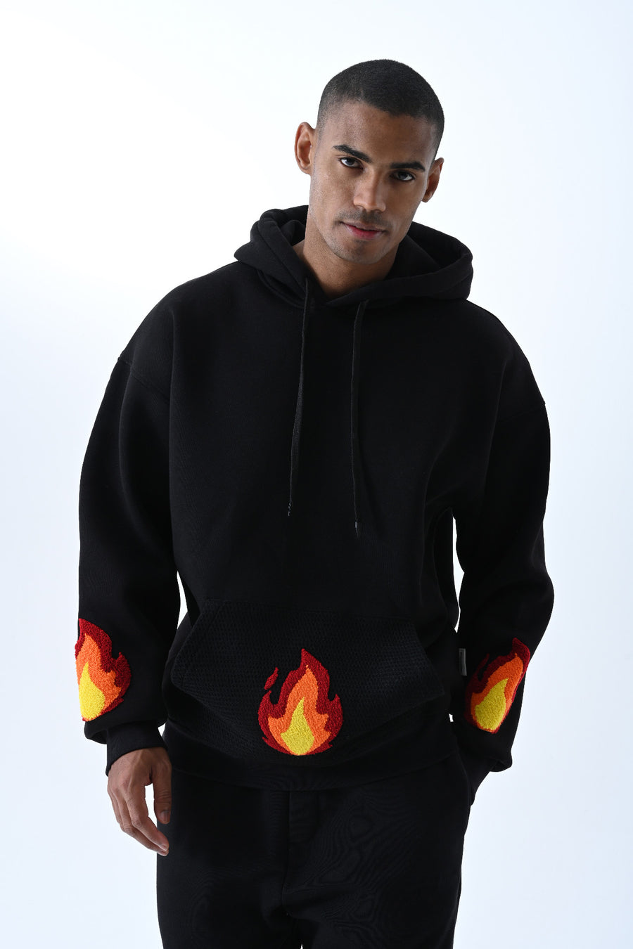 Alev Nakışlı Kapüşonlu Oversize Sweatshirt