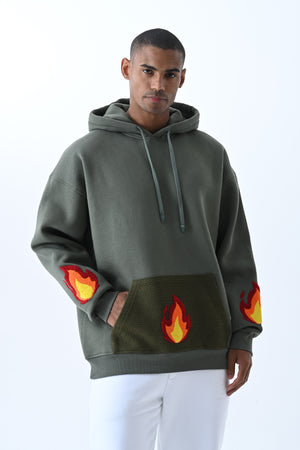 Alev Nakışlı Kapüşonlu Oversize Sweatshirt