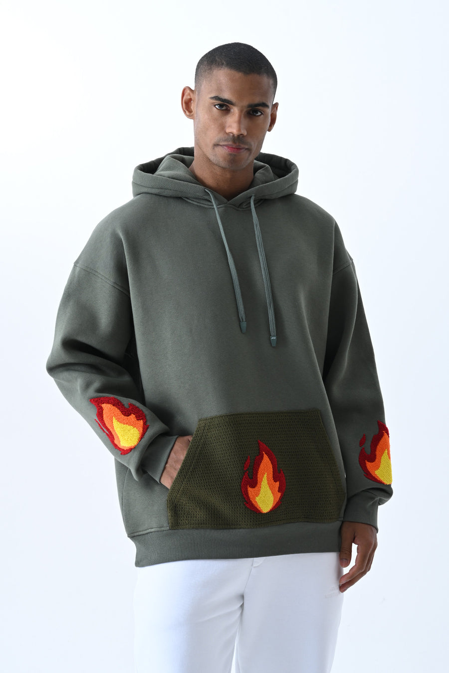 Alev Nakışlı Kapüşonlu Oversize Sweatshirt