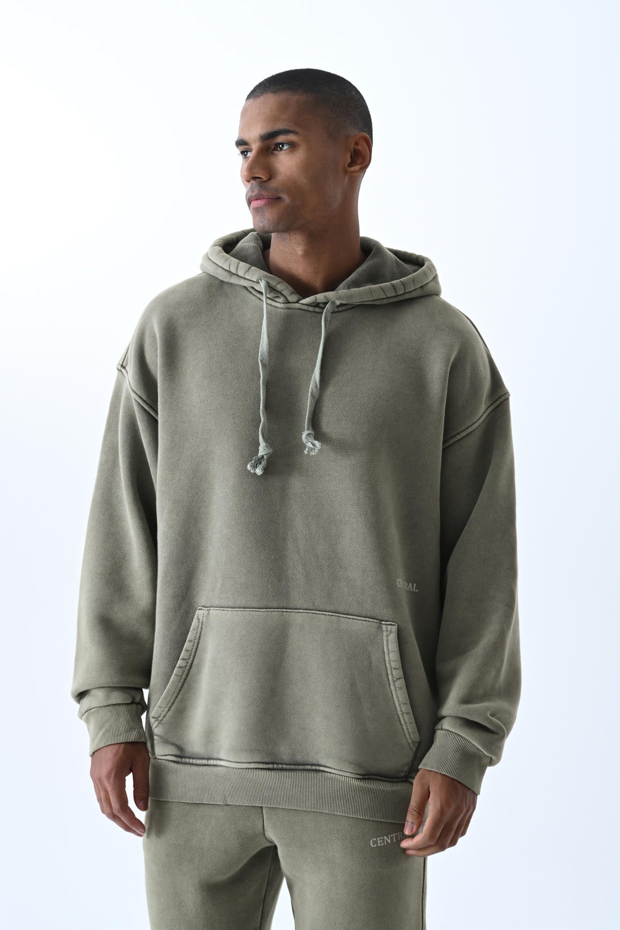 Yıkamalı Kumaş Kapüşonlu Sweatshirt - Haki