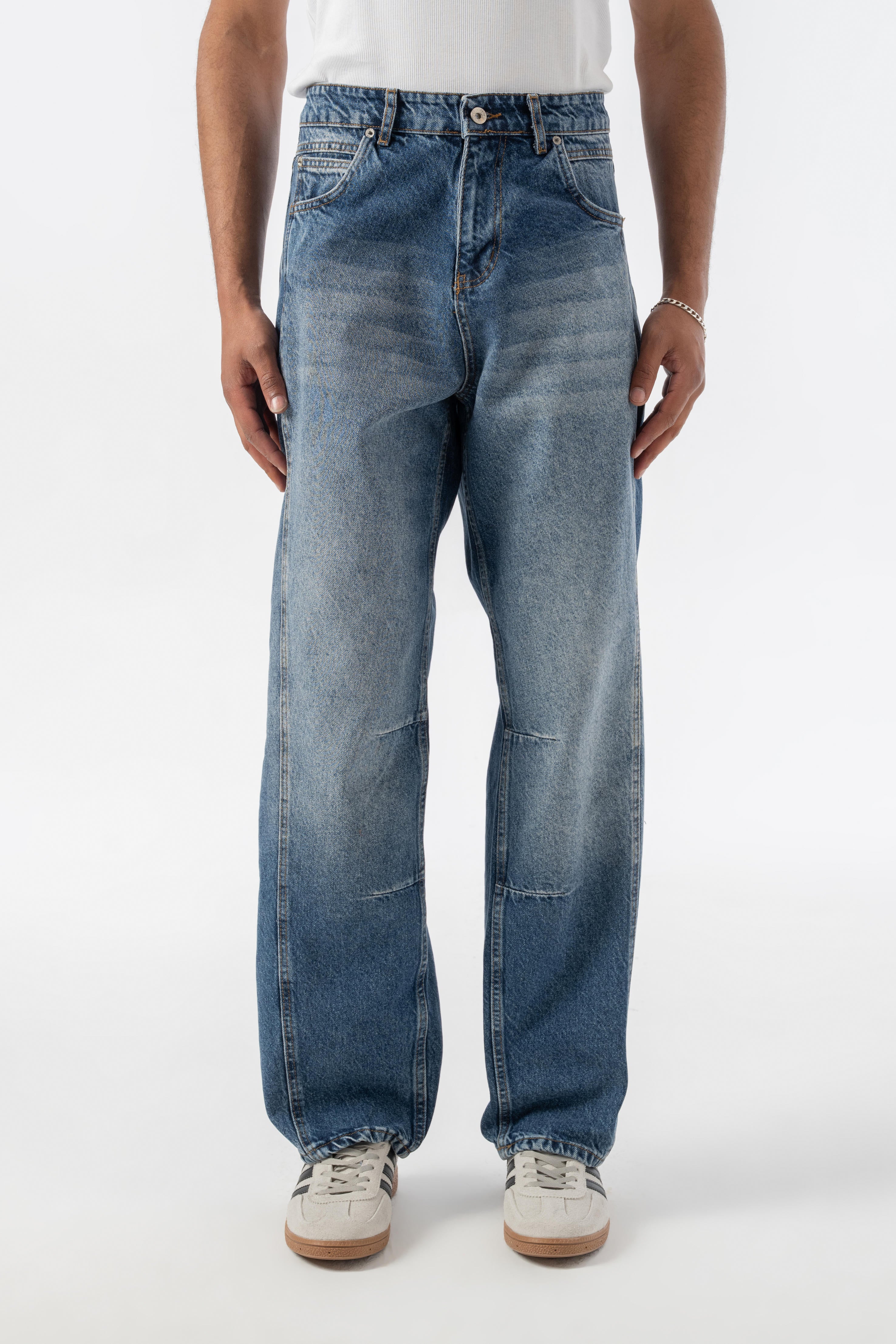 Relax Baggy Dikiş Detaylı Jean Pantolon - Koyu Mavi