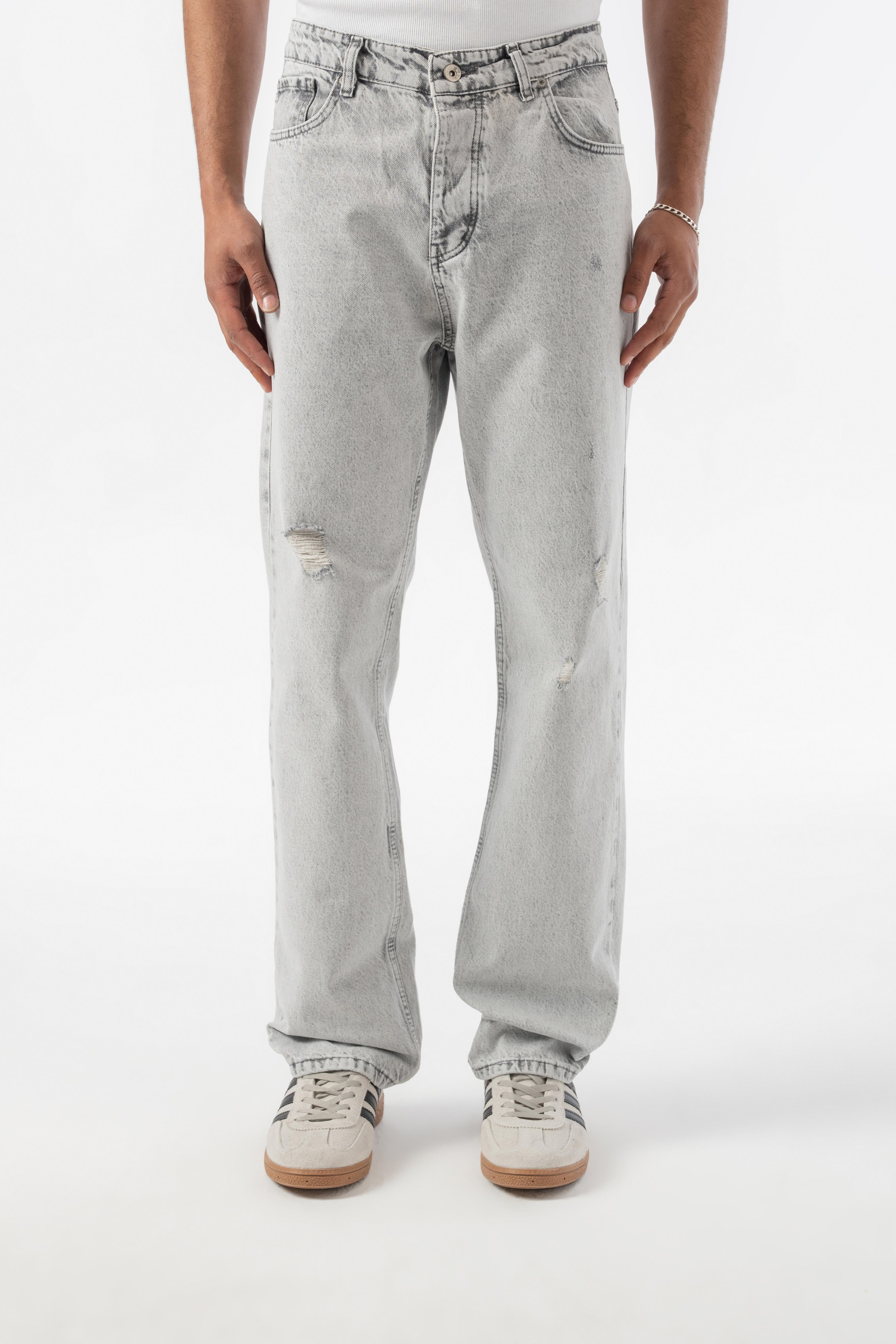 Yırtık Detaylı Baggy Jean Pantolon - Gri