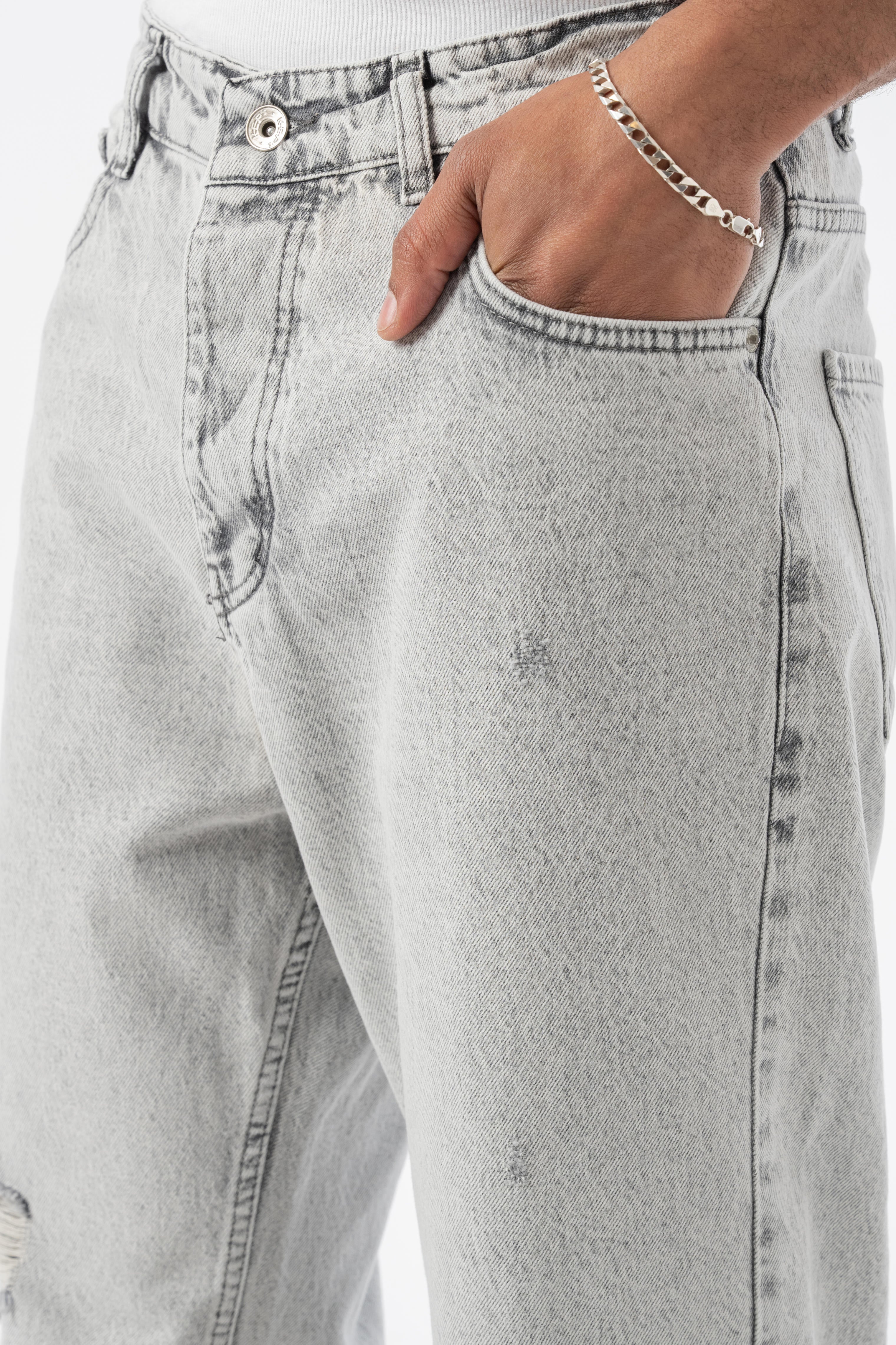 Yırtık Detaylı Baggy Jean Pantolon - Gri
