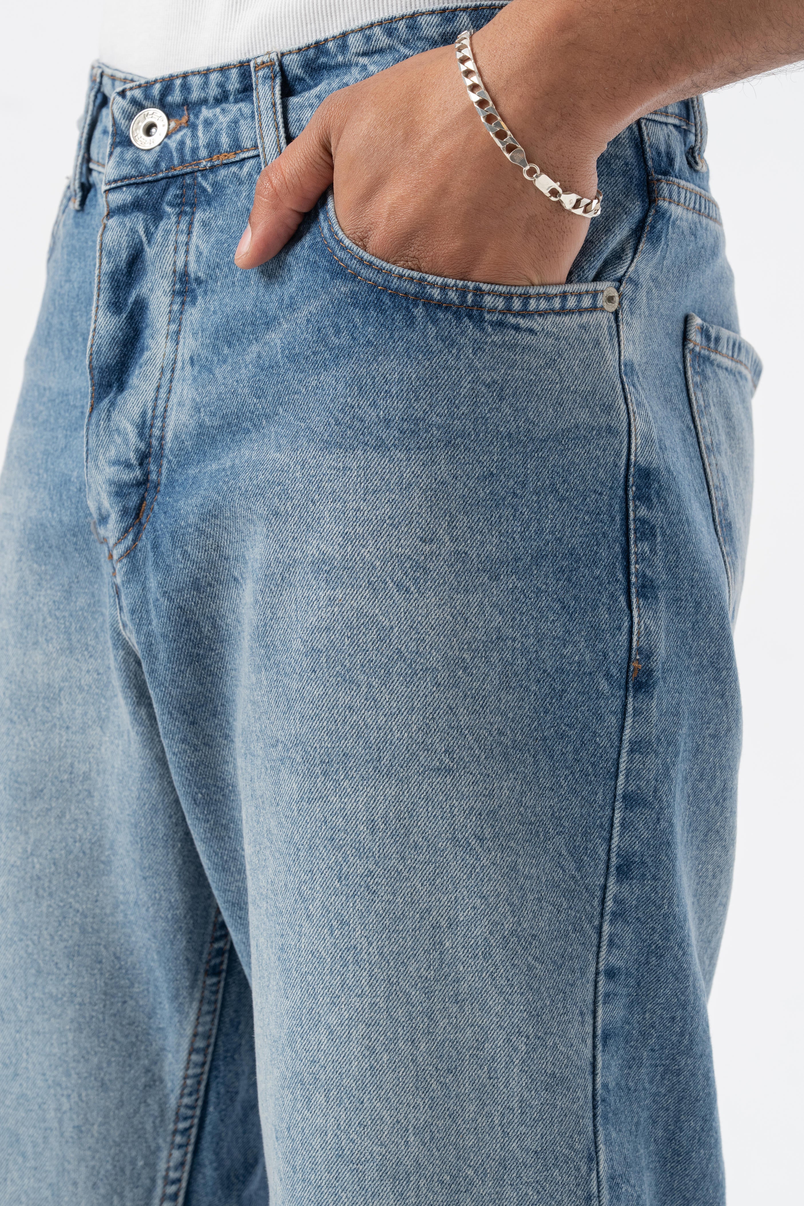 Taşlamalı Baggy Jean Pantolon - Mavi