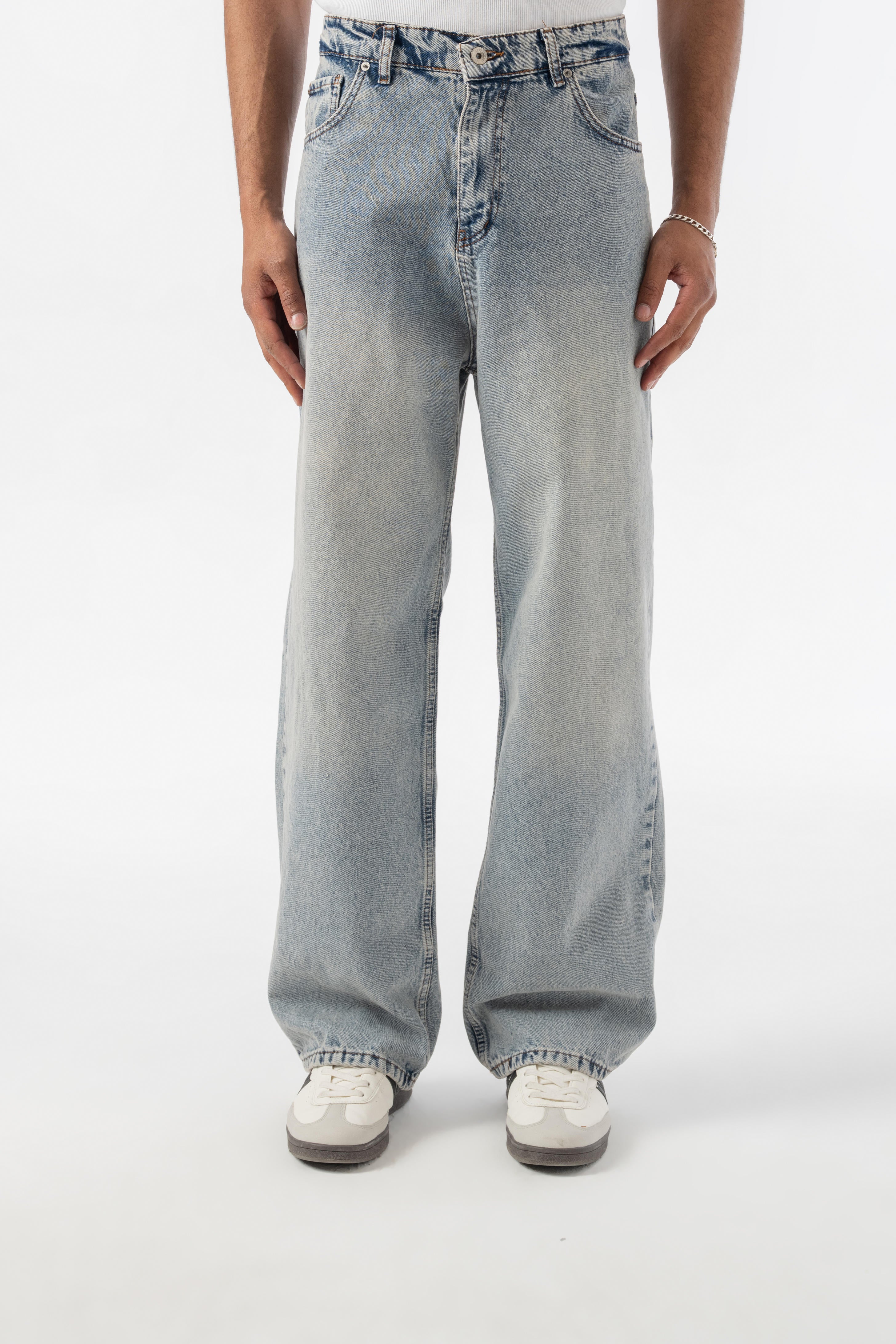 Taşlamalı Relax Baggy Jean Pantolon - Mavi