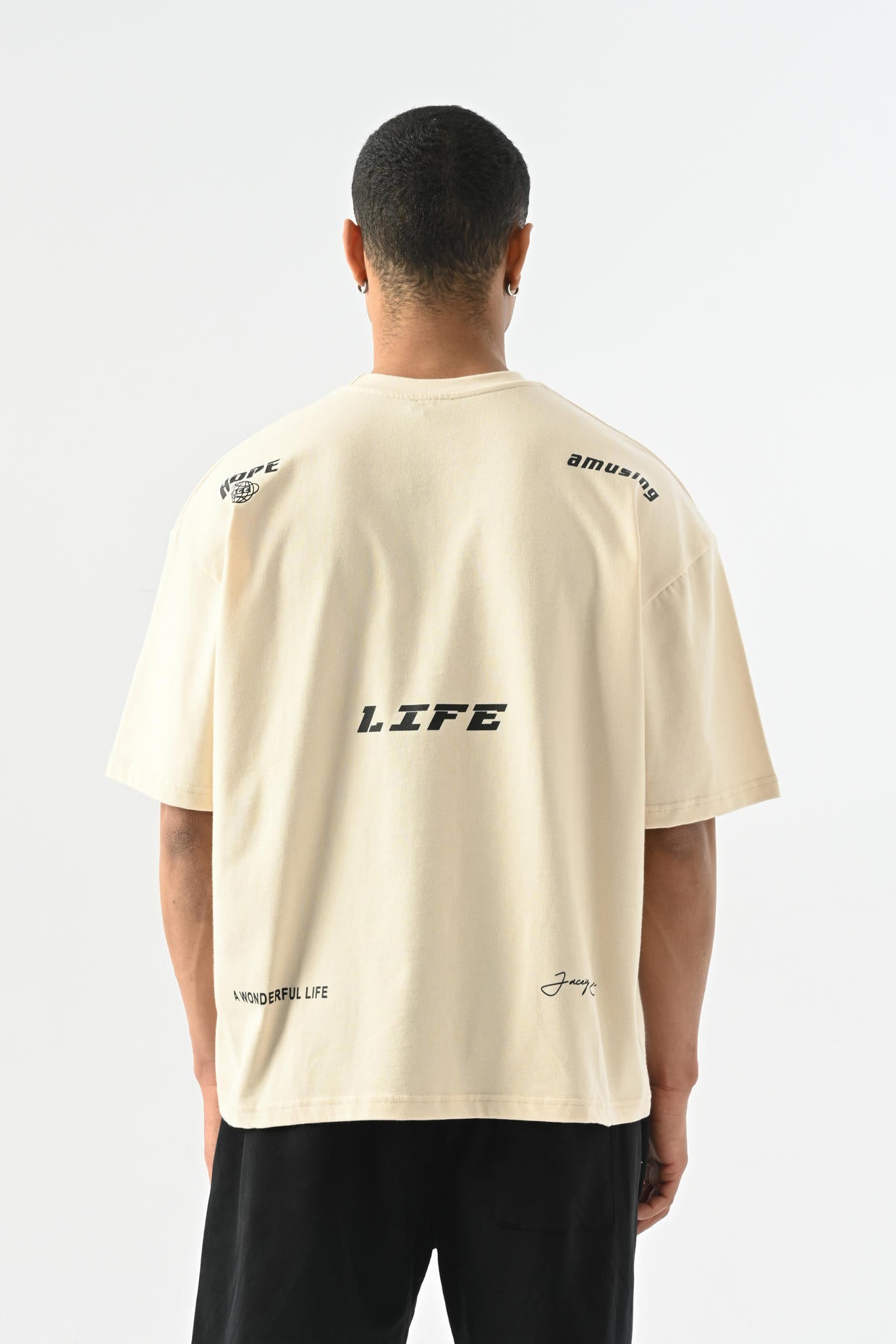 Life Baskılı Oversize T-shirt - Kemik