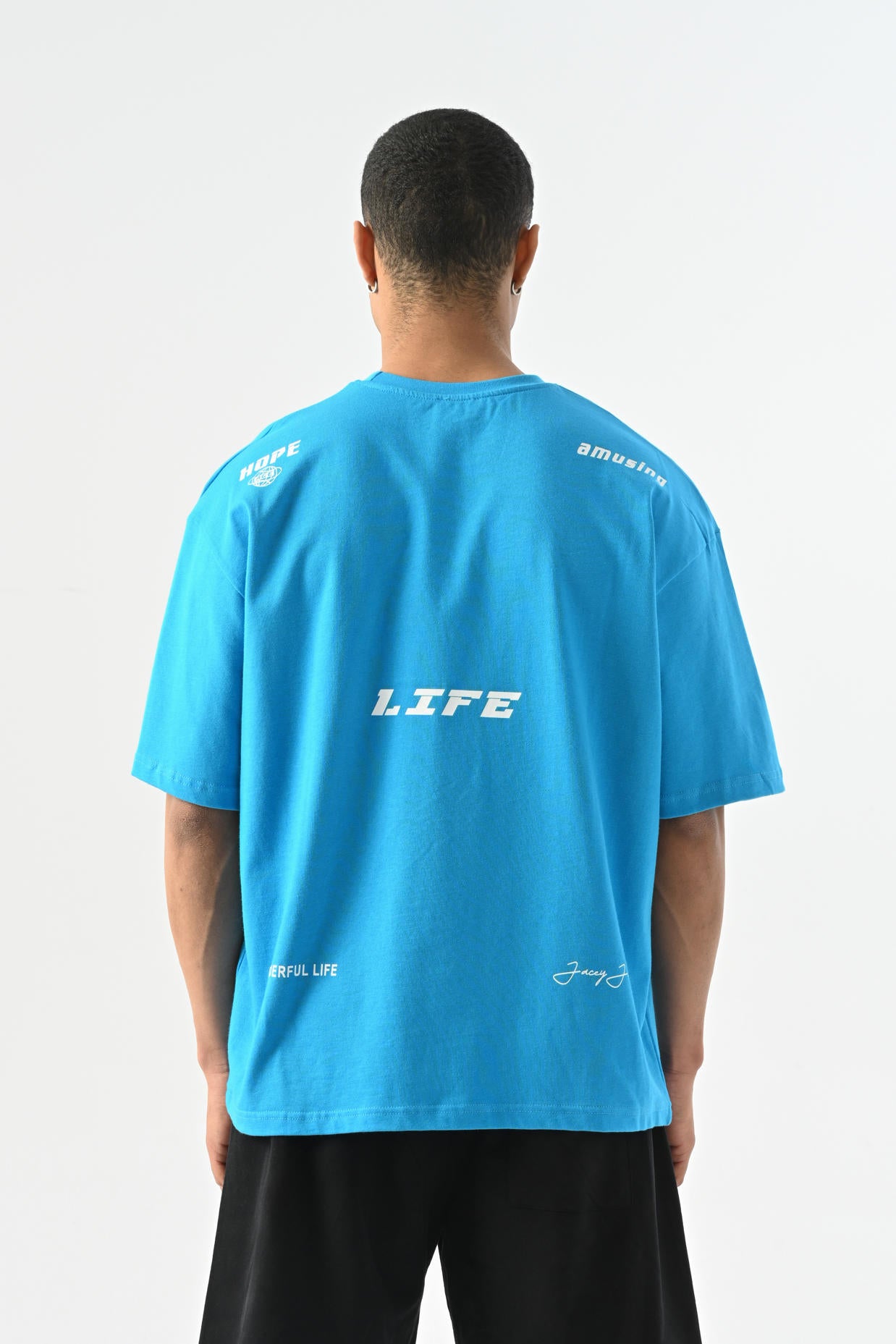 Life Baskılı Oversize T-shirt - Mavi