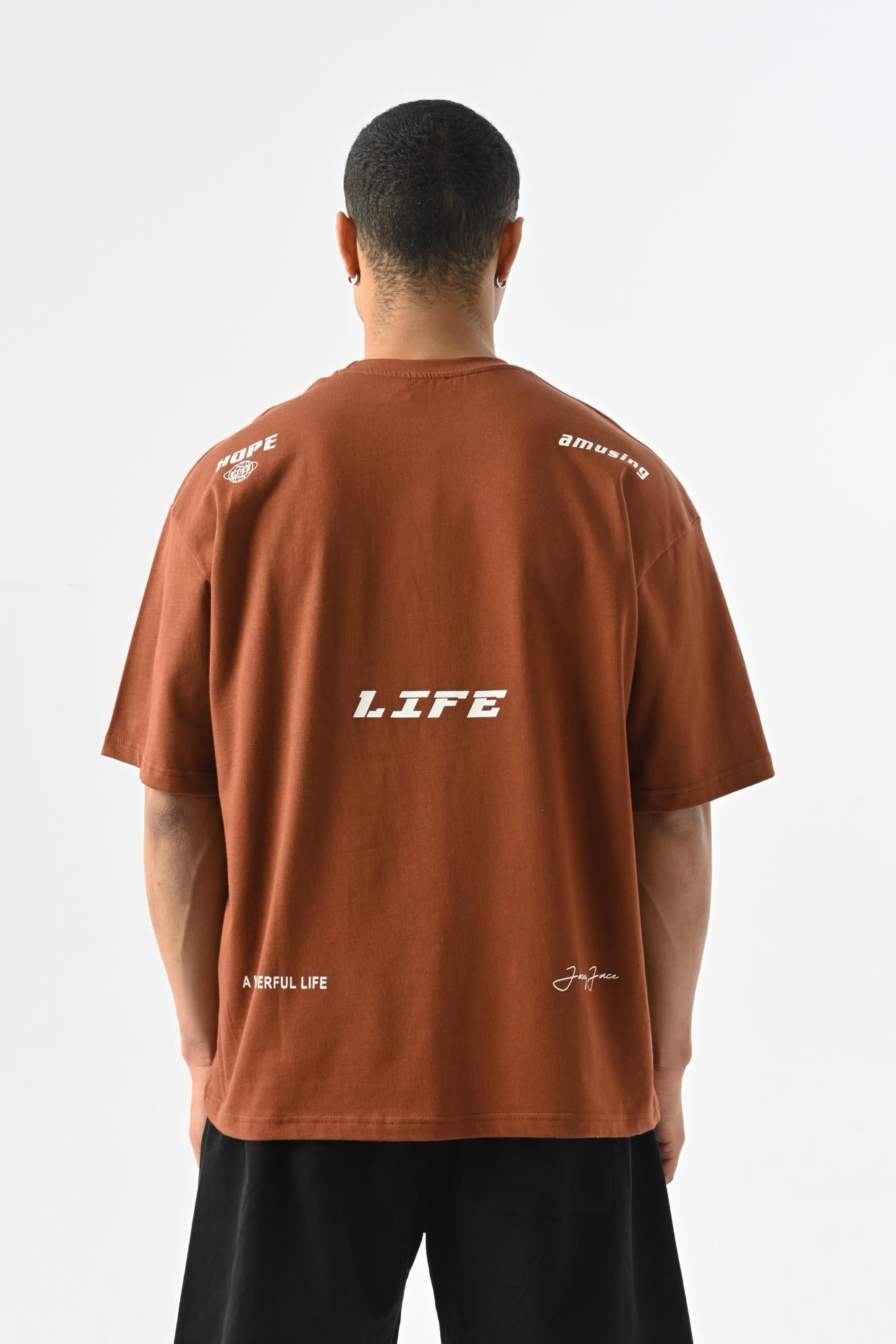 Life Baskılı Oversize T-shirt - Kahverengi