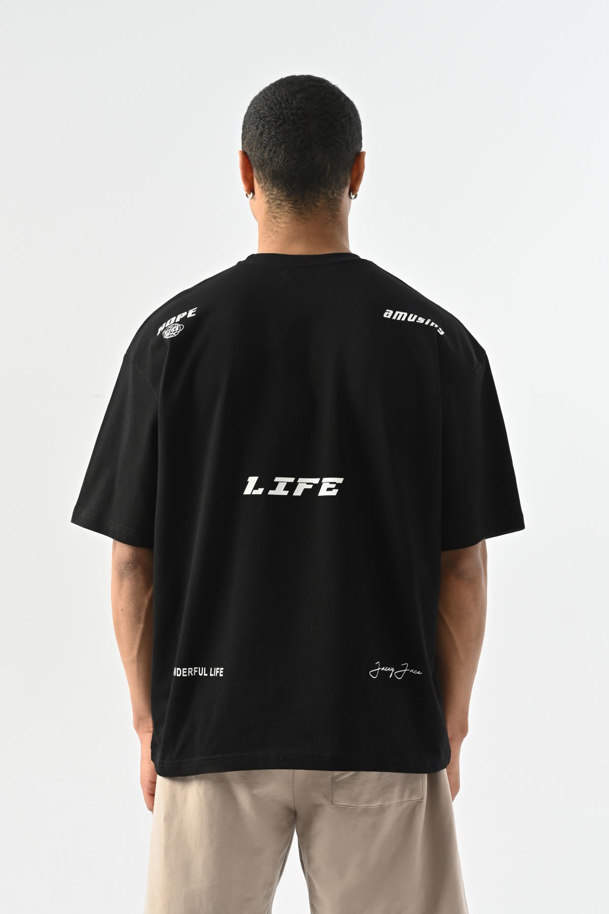 Life Baskılı Oversize T-shirt - Siyah
